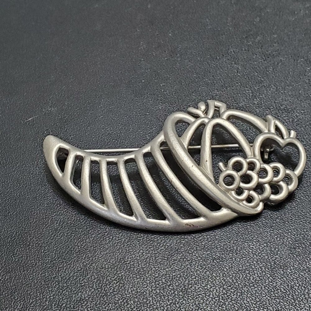 Silver Tone Fall Cornucopia Brooch - image 1